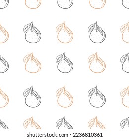 Patrón sin foco con mandarinas en negro y naranja sobre fondo blanco. Esbozo dibujado a mano vectora ilustración de la mandarina con hojas. Papel envuelto, textura, tejido, invierno, diseño de navidad