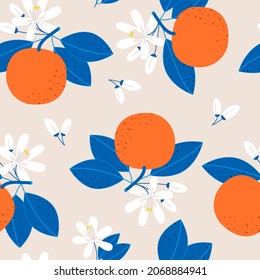 Seamless pattern with tangerines and blue leaves and flowers in retro style. Bright elements on pastel beige background. Design for fabric, wrapping paper, home textile, notebook cover.