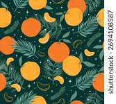 Seamless Pattern With Tangerines and Coniferous Branches, snowflakes, hand-drawn. Colorful Abstract Christmas doodle Background with oranges and slices, pine branches. Vector
