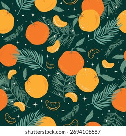 Patrón sin fisuras con mandarinas y ramas de coníferas, copos de nieve, dibujado a mano. Coloridas Navidades Abstractas doodle Fondo con naranjas y rodajas, ramas de pino. Vector
