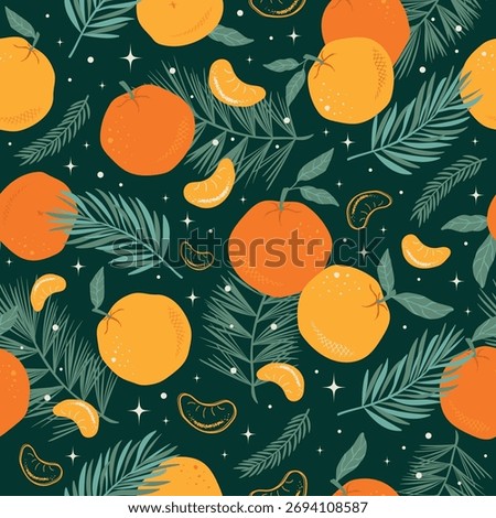 Seamless Pattern With Tangerines and Coniferous Branches, snowflakes, hand-drawn. Colorful Abstract Christmas doodle Background with oranges and slices, pine branches. Vector