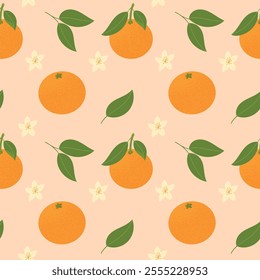 Seamless pattern of tangerines, flowers and leaves. Background with oranges, tangerines. Citrus tropical fruits. Vector pattern, flat style.