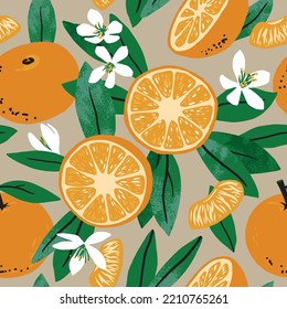 Seamless pattern with tangerines, leaves and blossoms