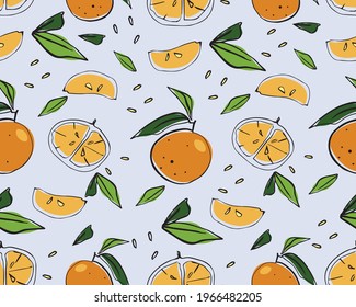 seamless pattern with tangerines, leaves, slices of citrus fruit, hand drawing in one line, with color spots, scribbles, stylized vector graphics