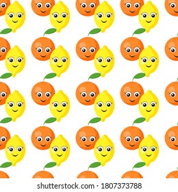 Seamless pattern with tangerines and lemons with cute eyes on a white background. Fruit print print for bed linen and fabrics, wrapping paper and wallpaper.
Stock vector illustration for decoration