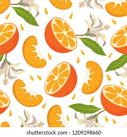 Seamless pattern with tangerines, a mandarin half and a slice of mandarin