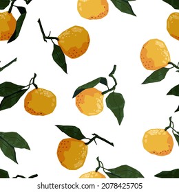 Seamless pattern of tangerines in modern geometric style. Vector illustration of citrus fruits with leaves. Mandarin oranges colored ornament. Design for decor, wallpaper, background, textile.