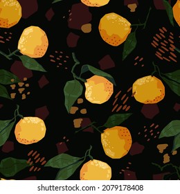 Seamless pattern of tangerines in modern geometric style. Vector illustration of citrus fruits with leaves. Mandarin oranges colored ornament. Design for decor, wallpaper, background, textile.