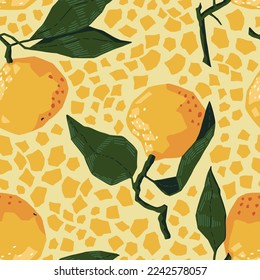 Seamless pattern of tangerines in modern geometric style. Vector illustration of citrus fruits. Mandarin oranges abstract ornament.