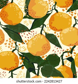 Seamless pattern of tangerines in modern geometric style. Vector illustration of citrus fruits. Mandarin oranges abstract ornament.