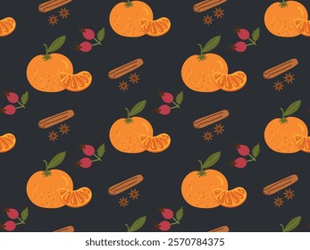 Seamless pattern with tangerines on a branch, cinnamon sticks and rose hips, a set for tea, mulled wine, Christmas drinks on a black background. Vector illustration for textiles, wrapping paper