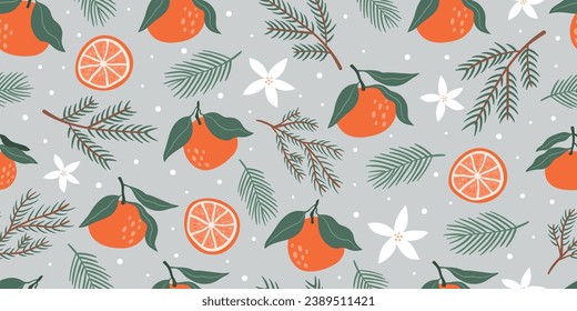 Seamless pattern with tangerines, oranges, flowers and fir branches