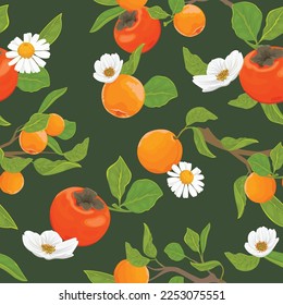 Seamless pattern with tangerines, persimmons and flowers