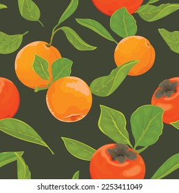 Seamless pattern with tangerines, persimmons and green leaves