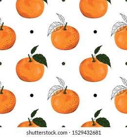 Seamless pattern with tangerines and stylized leaves. Bright, juicy, orange citrus. Wallpaper, print, packaging, paper, textile design, promotional material. Vector illustration.