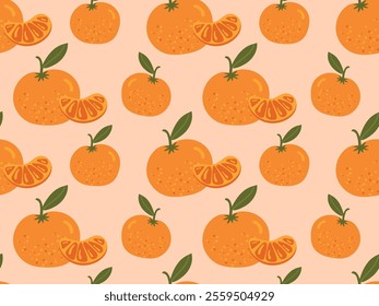 Seamless pattern with tangerines. Vector illustration with citrus fruit for background, wrapping paper, textile