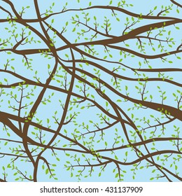 seamless pattern tangled Brown branches with green leaves on blue sky, day background. abstract background for site, blog, fabric. Vector