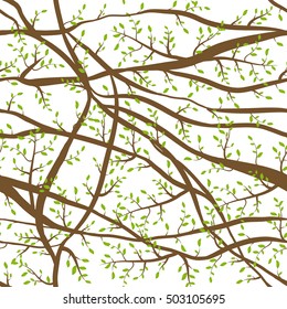 seamless pattern tangled Brown branches with green leaves on white abstract background for site, blog, fabric. Vector