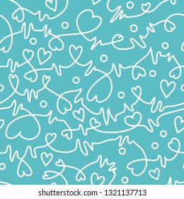 Seamless pattern with tangled intertwined lines with stylized hearts and pulse lines. Vintage background. Vector illustration. Eps-8