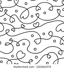 Seamless pattern with tangled intertwined lines with stylized hearts. White background with black scribble. Vector illustration. Eps-8