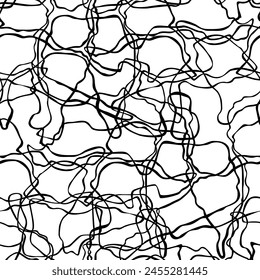 Seamless pattern with tangled lines - hand drawn black and white vector illustration.
