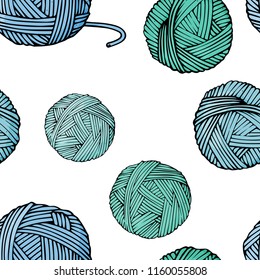 Seamless pattern with tangles of different colors with yarn for knitting on white background. Colorful vector illustration in sketch style.