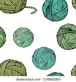 Seamless pattern with tangles of different colors with yarn for knitting on white background. Colorful vector illustration in sketch style.
