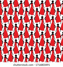 Seamless pattern with tango dance, dancing woman, red dress, on white background