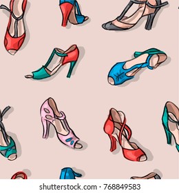 Seamless pattern with tango salsa dancing shoes