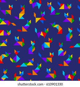 Seamless pattern with tangram cats on dark blue background