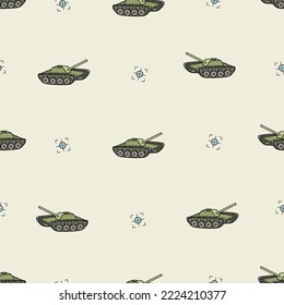 Tanque de patrón sin inconvenientes con icono de doodle de cañón. Ilustración vectorial del equipo militar.