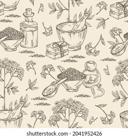 Seamless pattern with tansy: plant, leaves, tansy flowers and bath salt, soap and beauty products.  Cosmetic, perfumery and medical plant. Vector hand drawn illustration.
