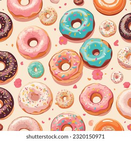 Seamless Pattern of Tantalizing Donuts Vector Illustration. Tasty Circles