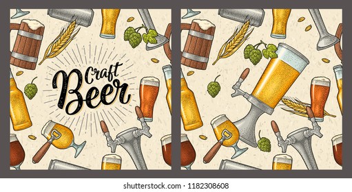 Seamless pattern tap, glass, can, wheat, opener, bottle and hop. Craft Beer calligraphic handwriting lettering. Vintage vector engraving illustration for invitation to party. Isolated on beige texture