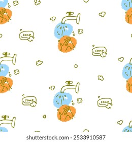 Padrão perfeito com torneira, mãos e sabão. Lavar as mãos com água e sabão. Ilustração vetorial de rabiscar. Estilo de arte infantil ingênuo