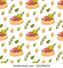 Seamless pattern with Tapas - traditional Spanish snack, with cheese, rosemary, jamon and olive on a white background. Excellent design for menu, brochures, poster, packaging, wrapping paper etc.