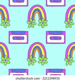 Patrón de cinta, arco iris sobre fondo azul. Estilo de los 90. Imprime con timbre gráfico, tee, chaquetas para bombarderos, capucha, portada de un diario de balas, papel de envoltura. Nostalgia de los años 1990-2000.