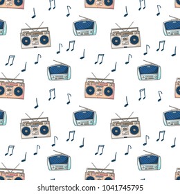 Seamless pattern with tape recorder for audio cassettes and radio, notes cartoon style