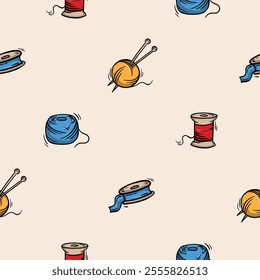 Seamless pattern with tape and thread for sewing and knitting. Vector background associated with handmade, needlework. Design for decorations, wrapping paper, print