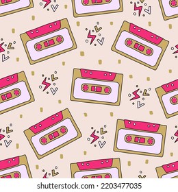 Seamless pattern of tapes. Cute vector illustration. Groovy print for graphic tee in retro style. Cover for textile, wallpaper. 1990s style. Concept for DJ, music festival, vintage equipment, party.