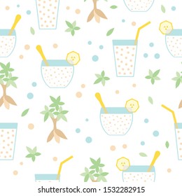 Seamless pattern with tapioca. Pudding, bubble tea, Bush with roots. Flat vector on white background