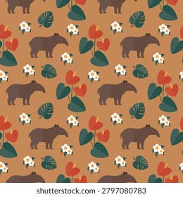 seamless pattern tapir animal anthurium jungle on brown background vector wallpaper textile giftwrap fabric