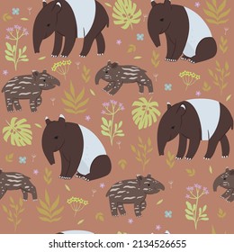 Seamless pattern with tapirs and flowers. Vector graphics.