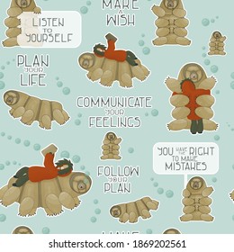 Seamless pattern of tardigrades with reading human and different phrases from water bear: Let you dreams come true, let yourself make mistakes, make a wish, create a plan, follow your dream