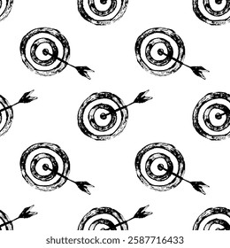Seamless pattern with target sketch. Hand made target with arrow sketch in doodle style. Business concept. Isolated black element on white background. sstkBusiness  	 	 