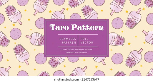 Seamless pattern taro with juice on cream pastel background. Vector illustration.