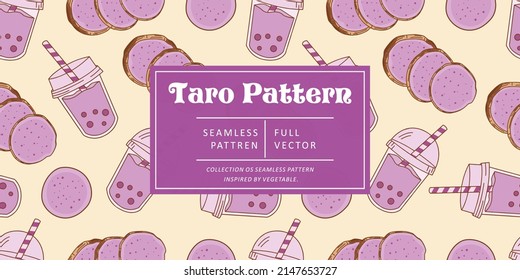 Seamless pattern taro with juice on cream pastel background. Vector illustration.