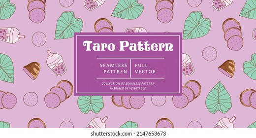 Seamless pattern taro with leaf on purple pastel background. Vector illustration.