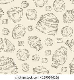 Seamless pattern with taro: taro root, ltaro slice and bag and plate with flour . Colocasia esculenta. Vector hand drawn illustration