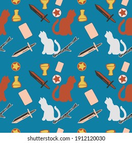 Seamless pattern with tarot symbols: sword, stick, cup and pentacles. occult magic background.